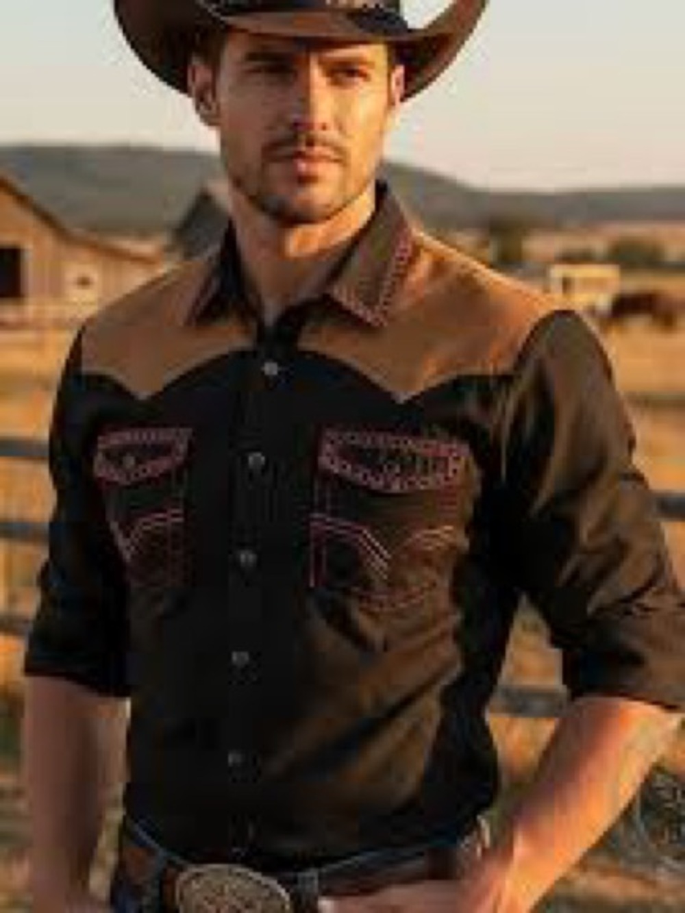 Coofandy Vintage Style Embroidered Western Cowboy Shirt Black and Tan, Size 3XL